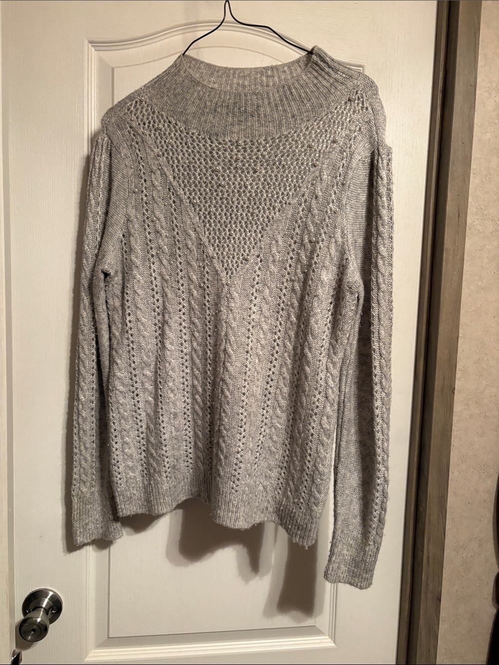 White House Black Market Heather Gray Pointelle Mock Neck Sweater